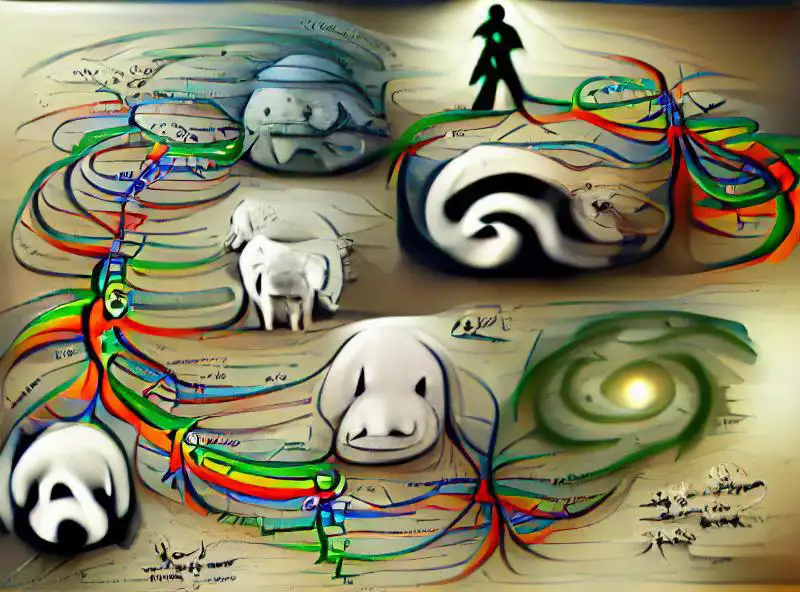 Plate from the Mulabonding book — AI-generated animals and figures linked by ribboned paths, illustrating Ba Sing Se's line "All beings have different paths, different time ways"