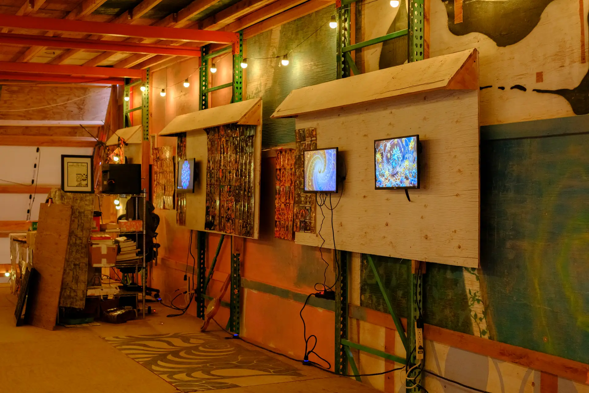 AI art panels and screens mounted on the gallery wall · 2026